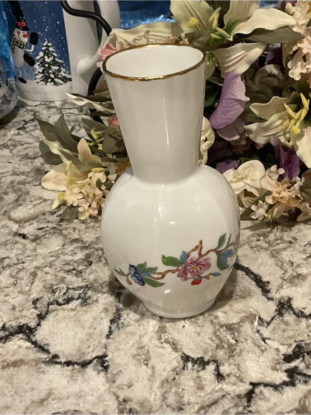 BR-AYNSLEY-ENGLAND BONE  White Bud Vase with Blue & Yellow Bird Motif